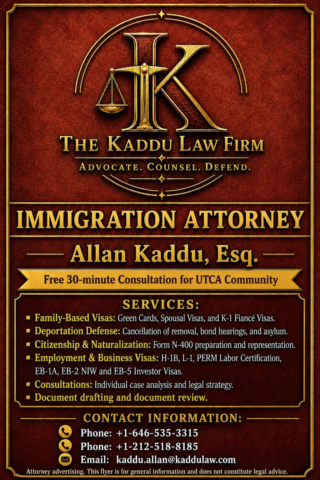Kaddu Law Firm- Get a Free 30-minute Legal Consultation for UTCA Members